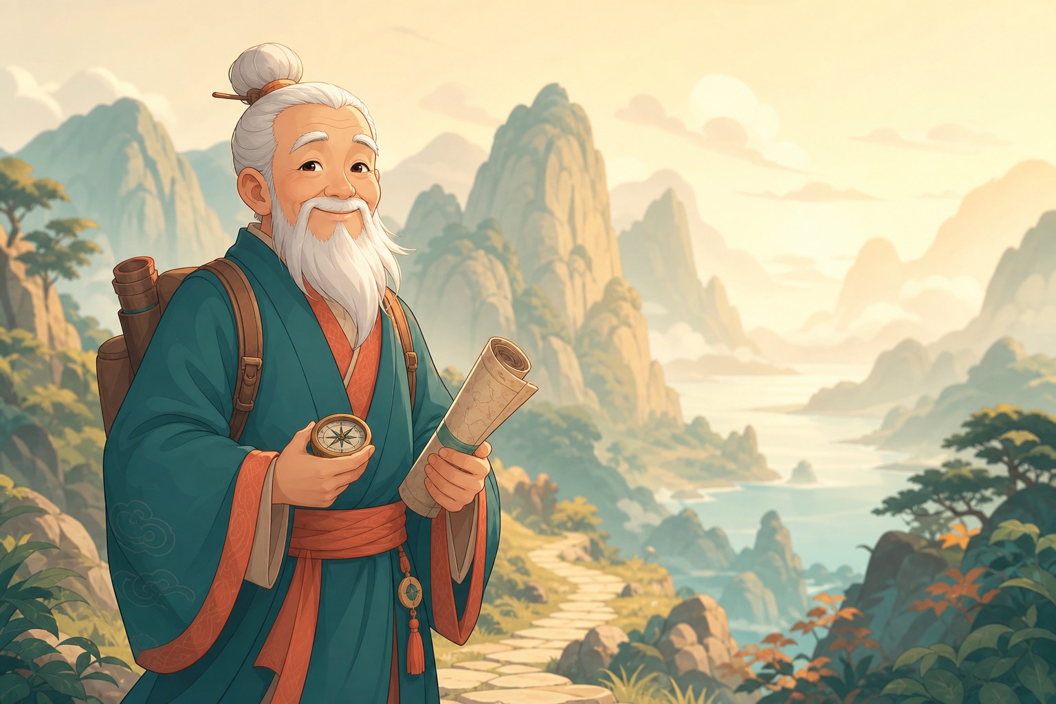 The TravelShifu mascot — a wise animated travel master with a white beard and teal robe, holding a journey map against soft mountain light