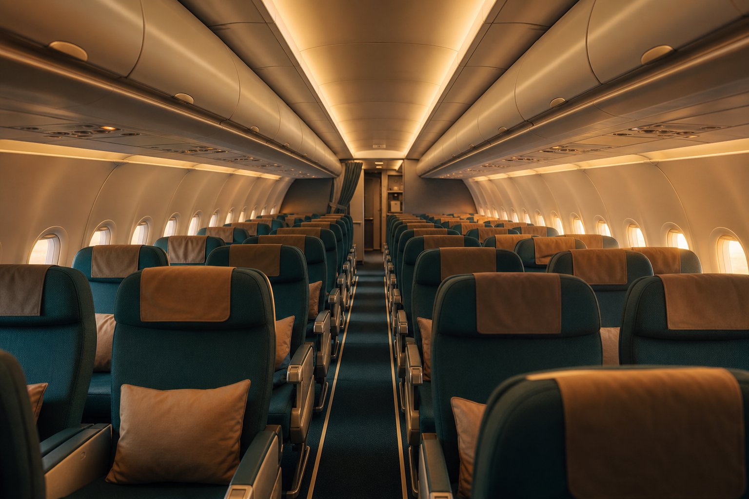 Aircraft cabin aisle and overhead bins in warm golden boarding light