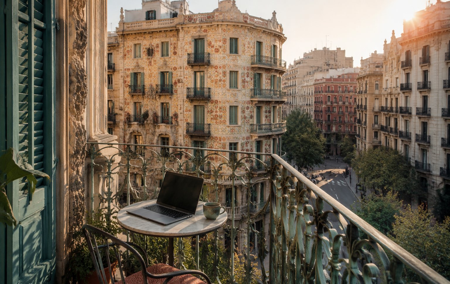 Eixample balcony workspace with laptop above a tiled Barcelona street at golden hour