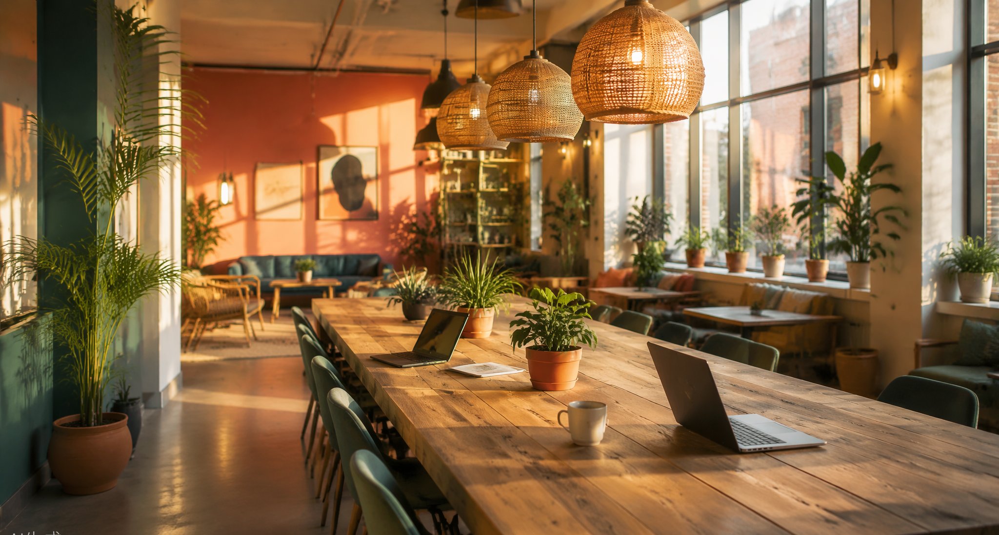 Bright modern coliving common space with a long communal table, plants and warm golden-hour light