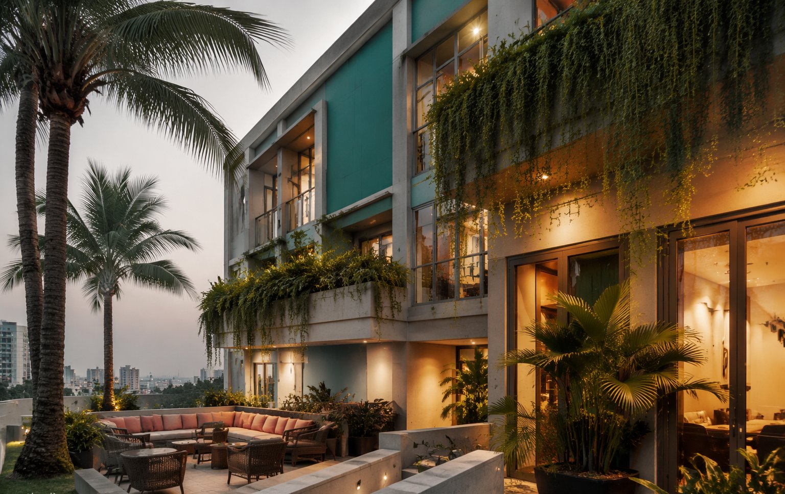 Tropical urban coliving residence in Jakarta with palms and warm evening light