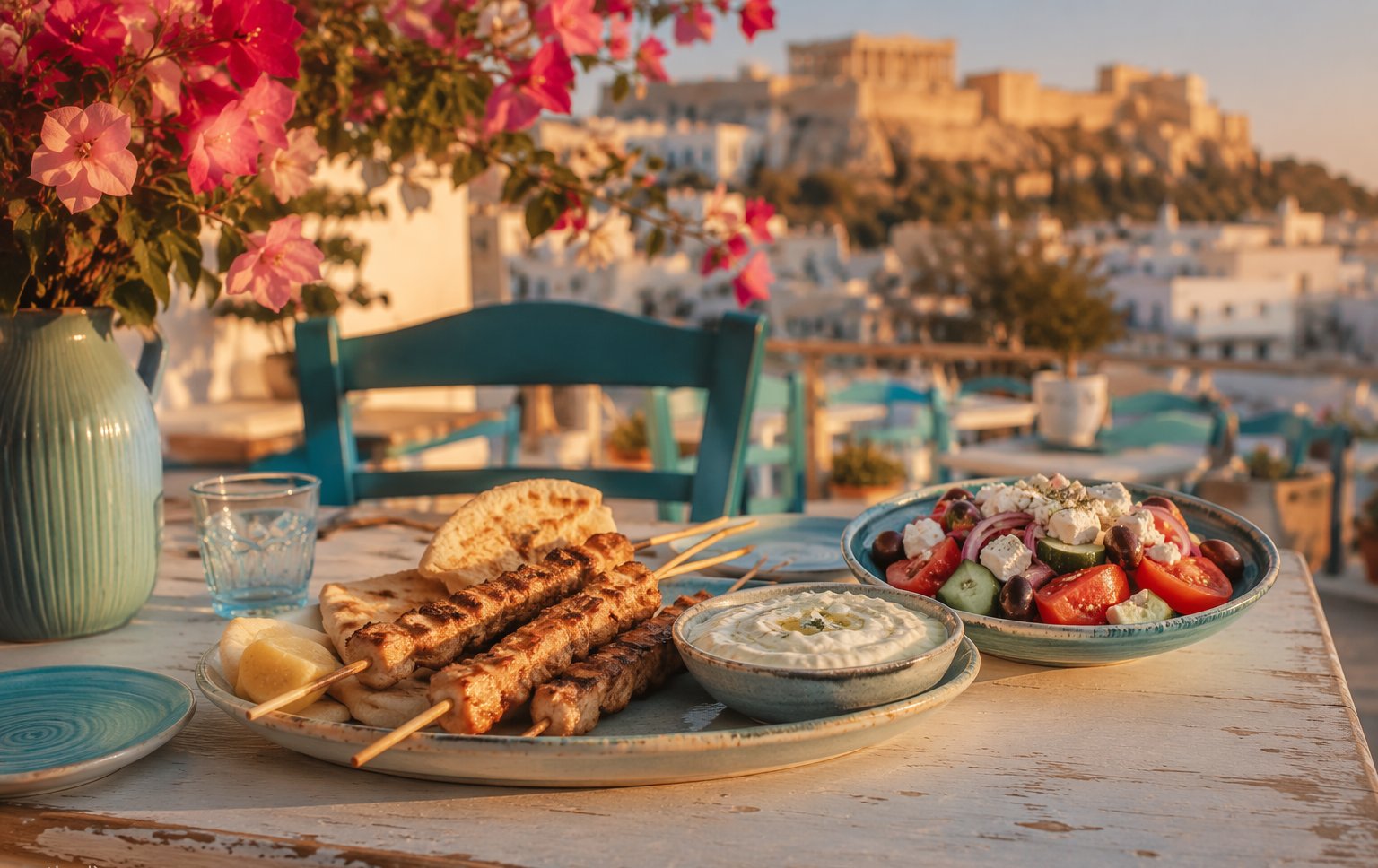 Souvlaki pita, tomatoes and tzatziki on paper beside a blue-and-white Athens taverna table