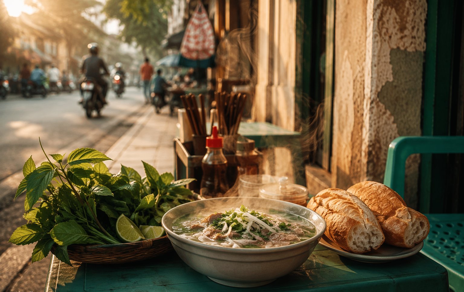 Bun cha grilled pork and herbs on a low plastic table in a Hanoi Old Quarter alley
