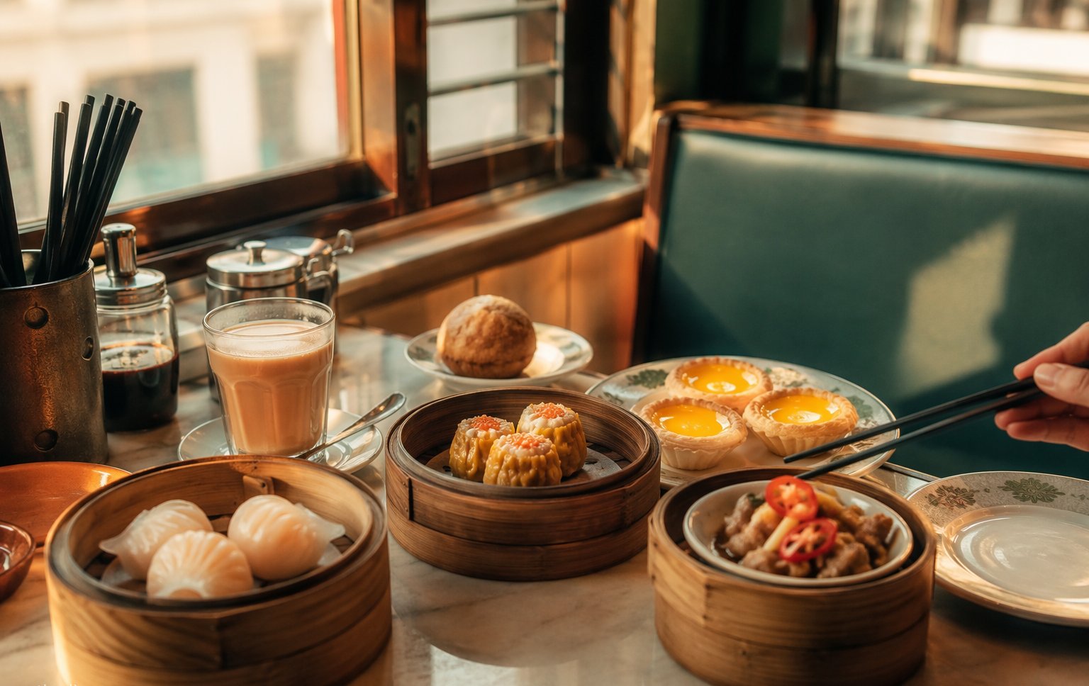 Bamboo steamers of dim sum on a lazy Susan with harbour light through a Mong Kok window