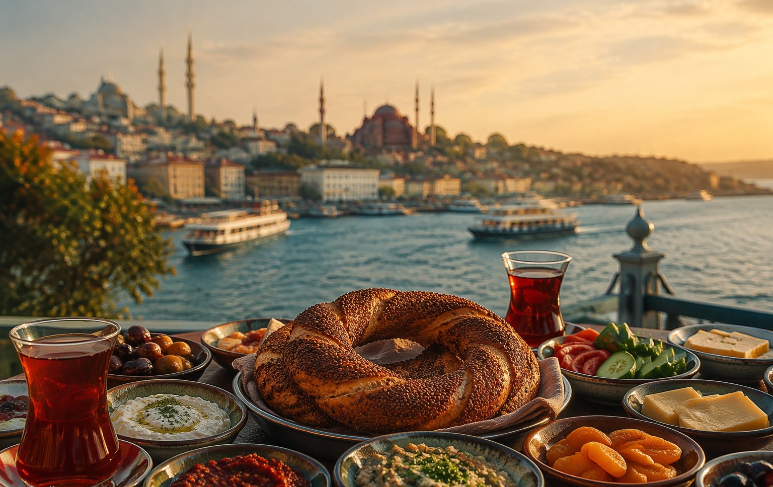 Meze plates and raki glasses on a Bosphorus terrace at sunset with minarets in the distance