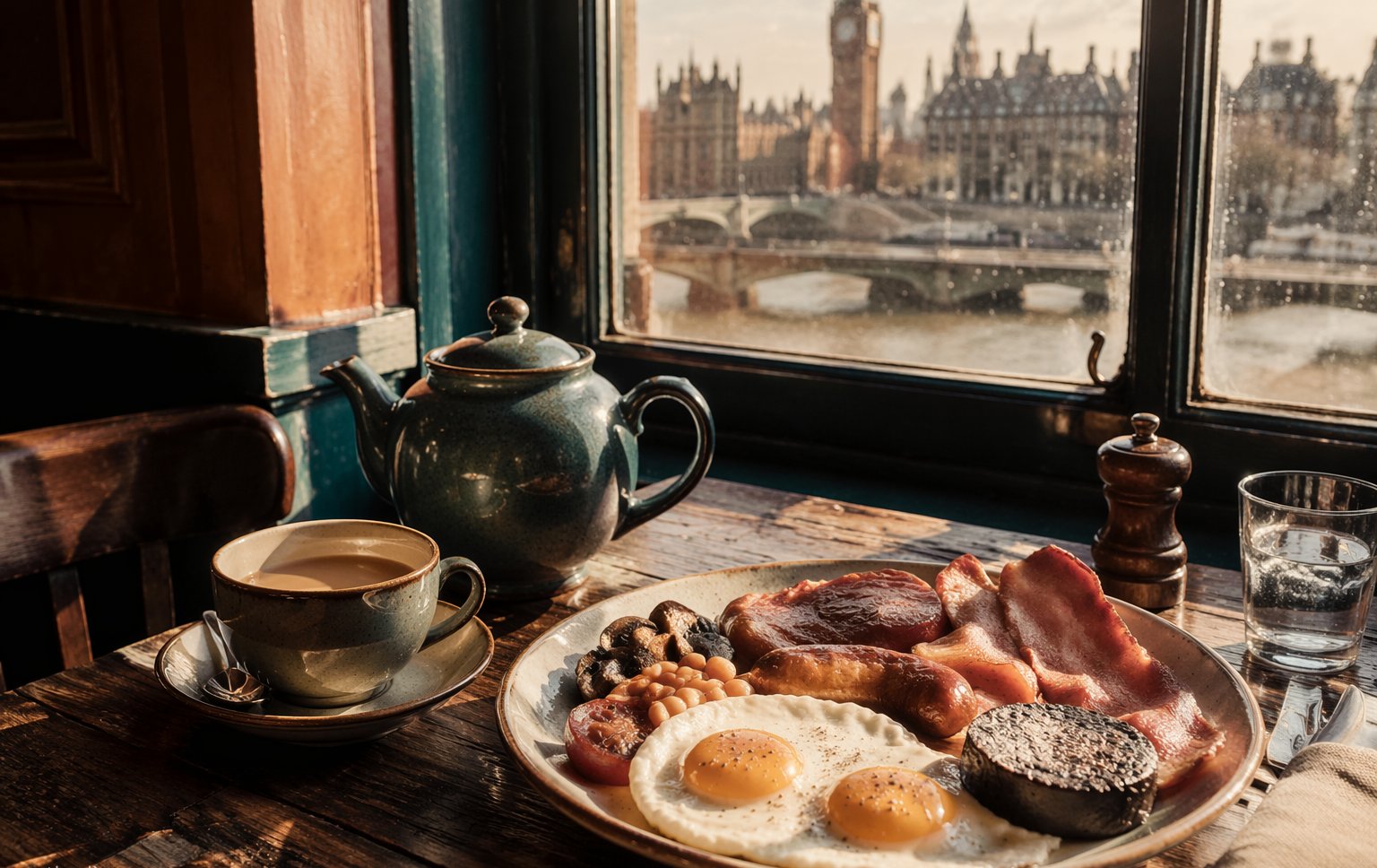 A London pub counter with pie, mash and a pint beside a rain-streaked window on a grey afternoon