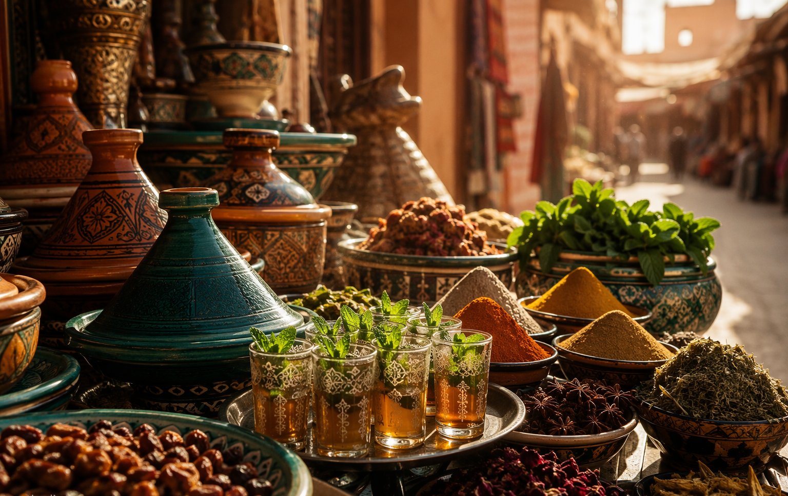 Smoke rising from Jemaa el-Fnaa food stalls at dusk with lantern light and spice colours