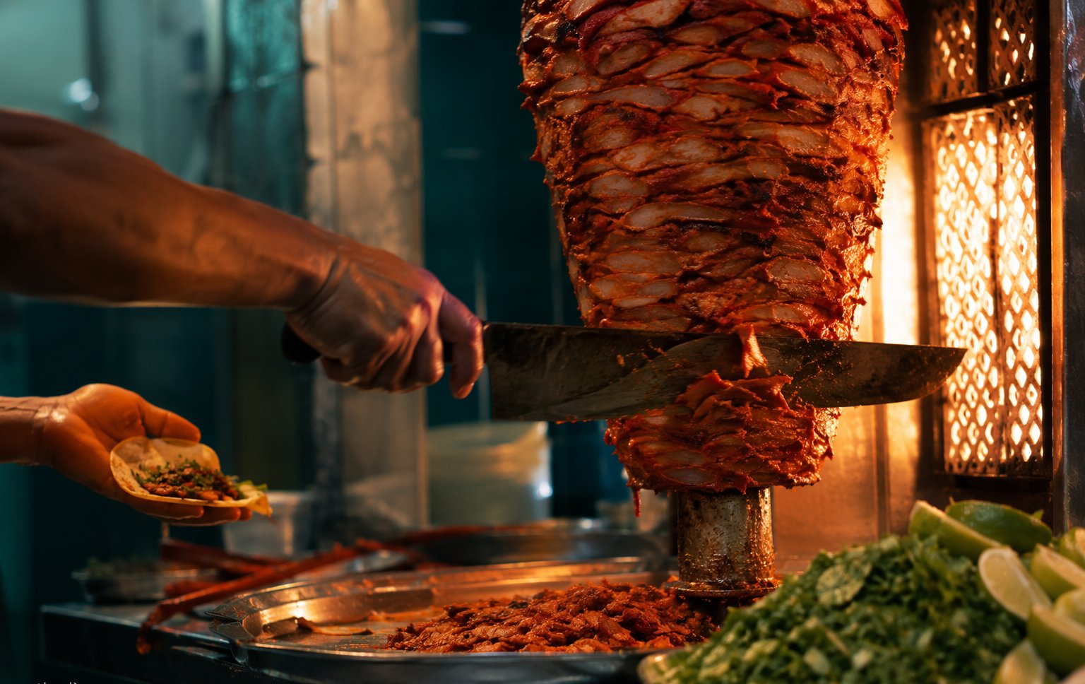 Tacos al pastor on a comal with pineapple and cilantro at a Mexico City taquería, with colonial architecture in the background