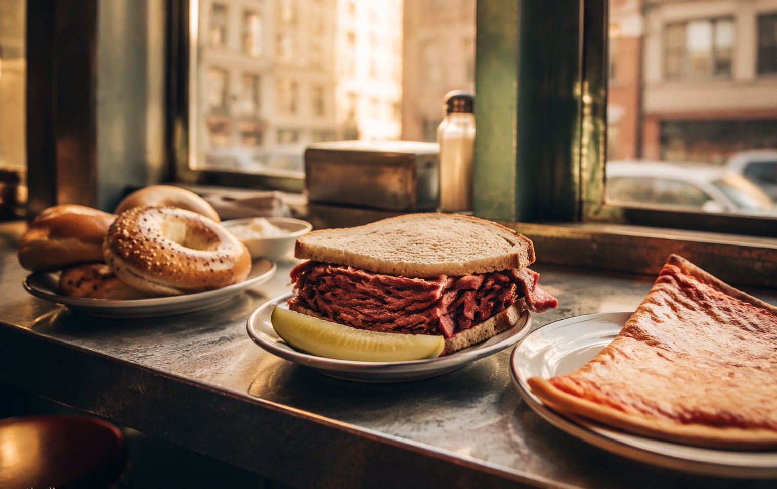 A New York pizza slice folded in hand against a blurred Brooklyn brownstone street at dusk