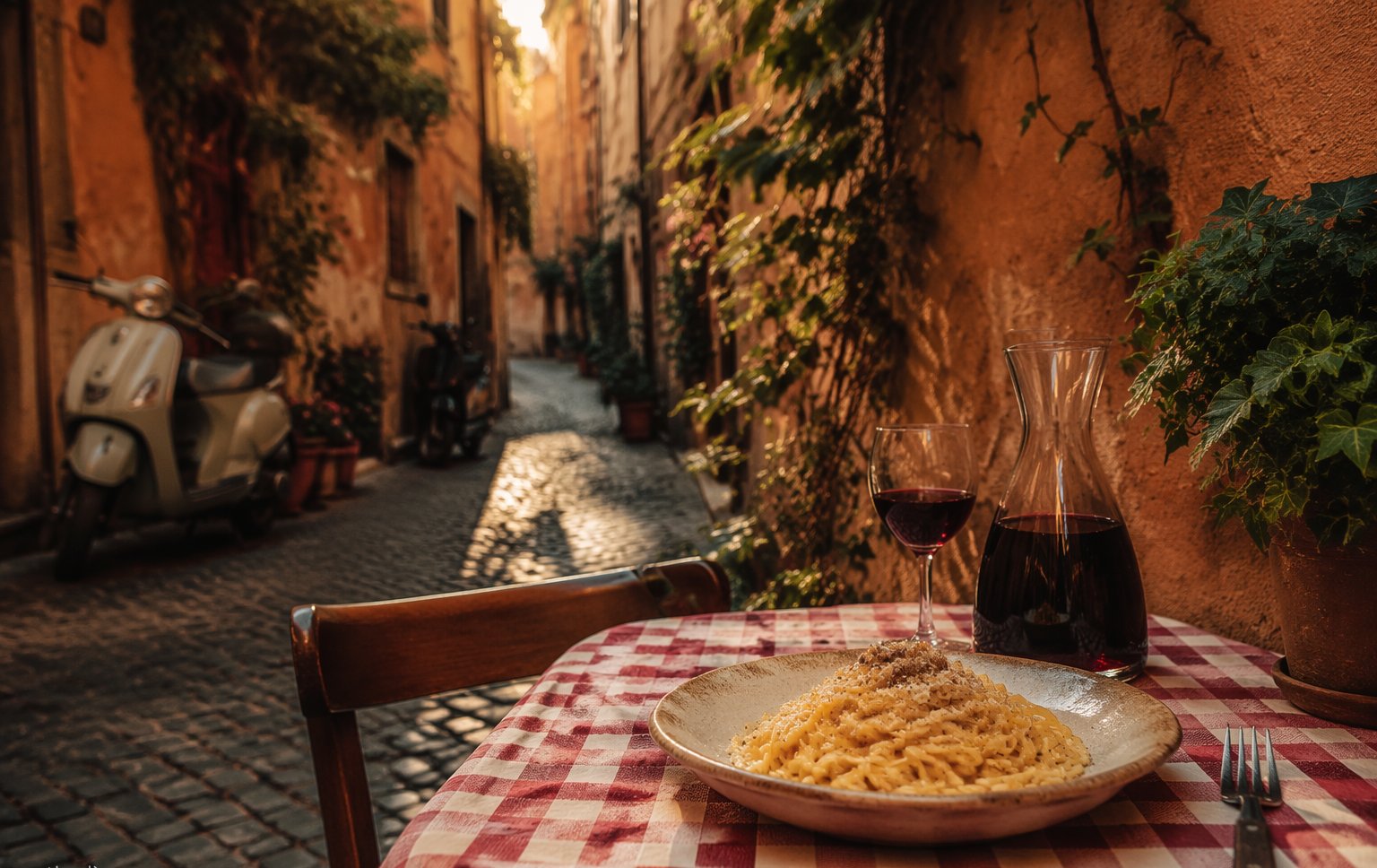 A Roman trattoria table with carbonara, carciofi alla romana and a carafe of house wine in golden evening light