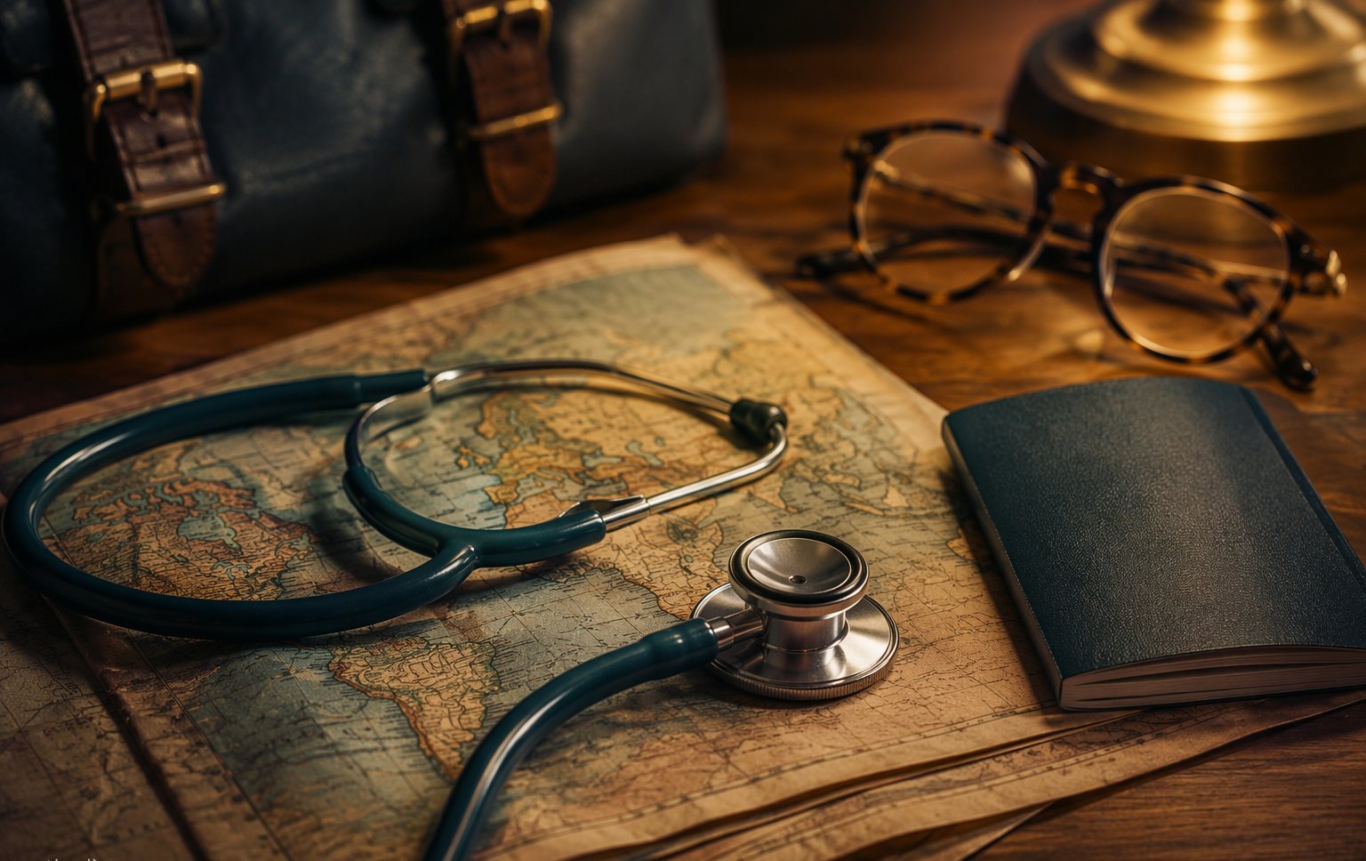 Prescription medication, a stethoscope and travel documents arranged on a clinic desk